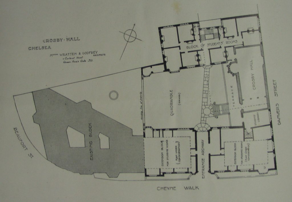 Plans for college buildings, including Crosby Hall and More's Garden