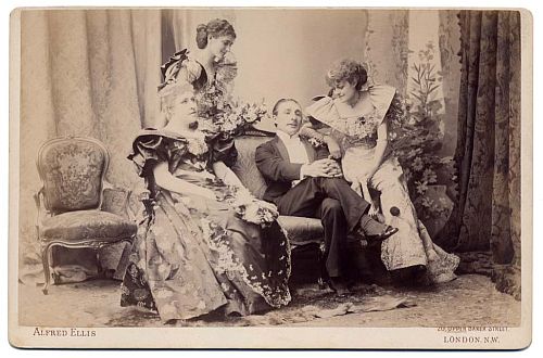 Mrs Saker (left) in The Masqueraders, 1894 [image courtesy of https://footlightnotes.wordpress.com/tag/irene-vanbrugh/]